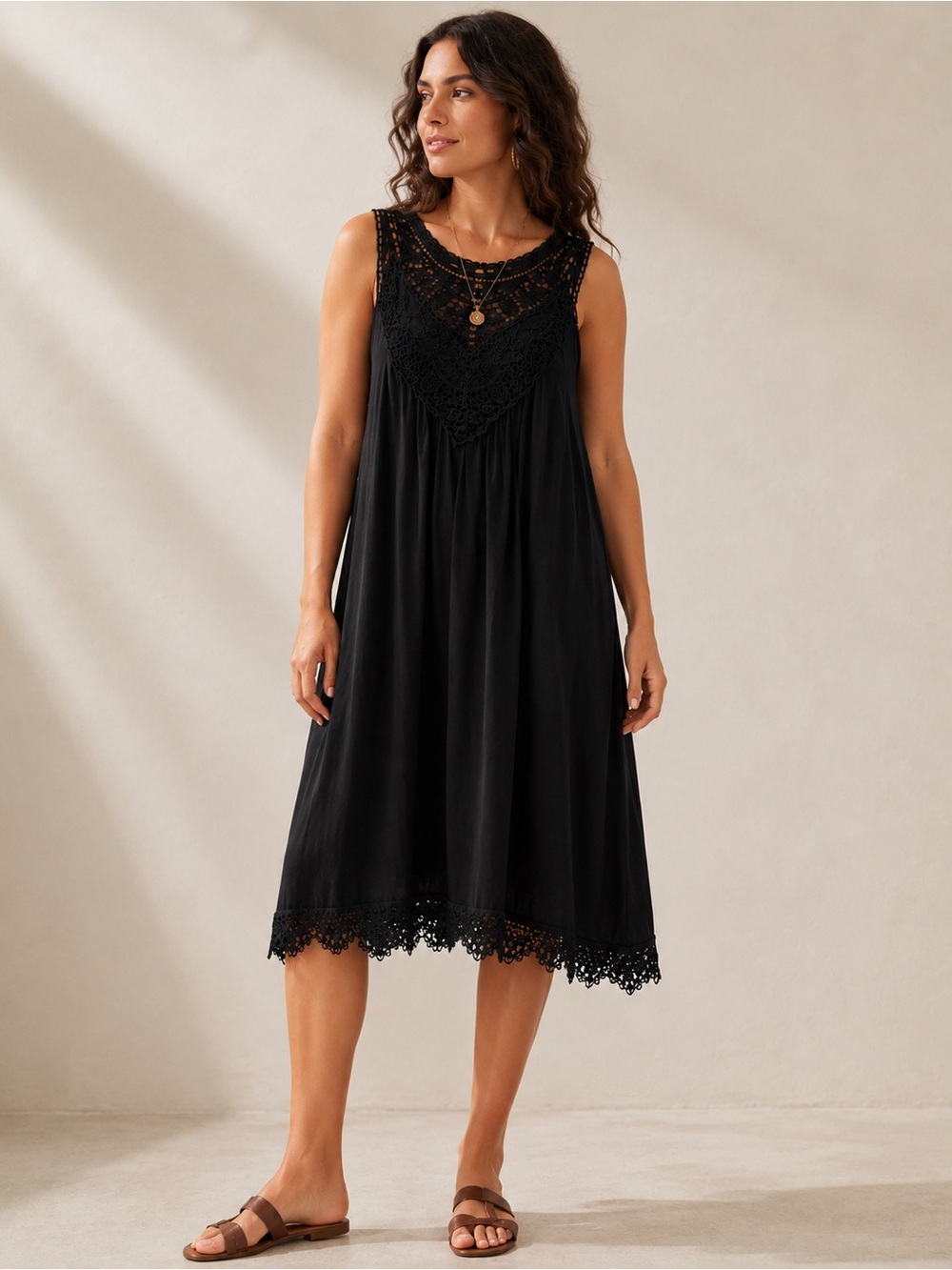 Black Crochet Lace Swing Dress Women’s XL Rayon Sleeveless Boho Scalloped Hem